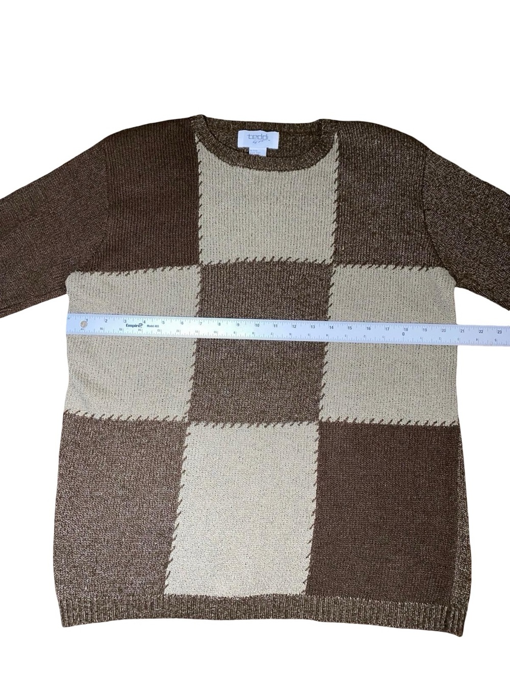 Vintage Teddi Patchwork Knit Crewneck Sweater Brown Grey Block Stitch Size M - Picture 5 of 9